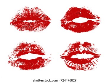 Collection. Four types of realistic lip kiss red lipstick. vector illustration.