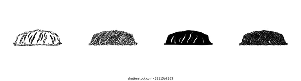 A collection of four unique artistic interpretations of Uluru, showcasing different drawing styles from sketch to silhouette