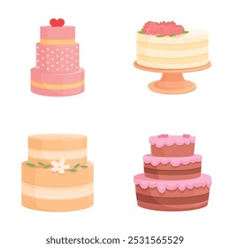 Collection of four unique and colorful wedding cake illustrations, perfect for event design