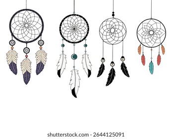 A collection of four unique dreamcatchers, each adorned with feathers and beads, creating a visually appealing and spiritual composition.
