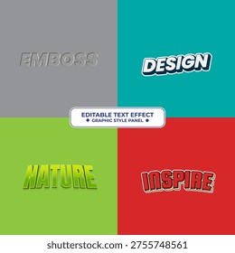 A collection of four unique editable text effects, each presented with a graphic style panel, showcasing various typographic styles.