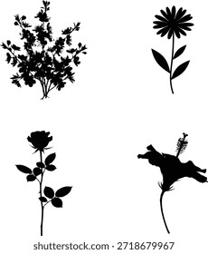 Colección de cuatro siluetas de flores únicas sobre fondo blanco
