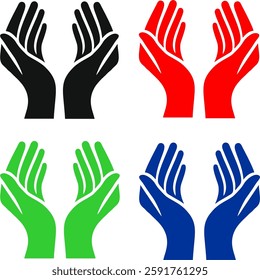  A collection of four unique hand icons in two-tone solid colors, representing care, support, and creativity. Ideal for branding, healthcare, and charity designs