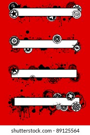 A collection of four unique, hand-drawn grunge style vector banners with splatters and various artistic grunge buttons.