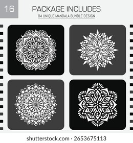 A collection of four unique mandala designs promoting relaxation and inner peace. Intricate patterns in classic black and white offer timeless elegance.