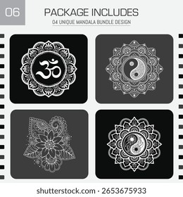 Uma coleção de quatro desenhos de mandala únicos. A coleção contém símbolo om, símbolos yin yang e mandala floral. Ilustrações vetoriais em preto e branco.