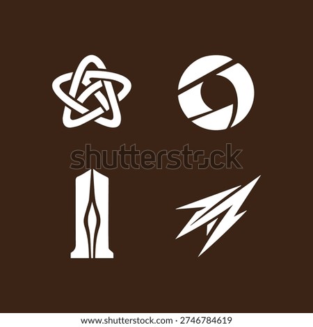 A collection of four unique, minimalist white logo concepts on a dark brown backdrop. Includes abstract star, aperture, tower, and spaceship designs.