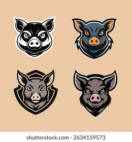 Collection of Four Unique Pig Head Illustrations in Different Styles and Color Schemes, Suitable for Logos, Mascots, or Branding Purposes