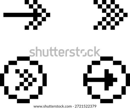 Collection of four unique pixel art arrow and cursor icons features a solid right a checkered right arrow a target crosshair arrow and a clock like arrow indicating forward motion suitable for retro interfaces or digital game assets providing clear visual navigation cues across various screens and applications.