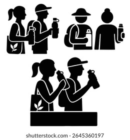 Collection of four unique silhouettes depicting people with water bottles, showcasing a bold, minimalist style. Perfect for eco-friendly themes or healthy lifestyle concepts. 