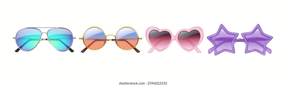 A collection of four unique sunglasses with different frame shapes and colors. Includes classic aviators, round retro, pink heart, and purple starshaped frames, showcasing diverse eyewear fashion.