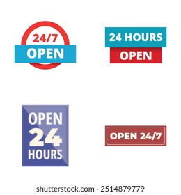 Coleção de quatro vários 247 sinais abertos em estilo de design plano vibrante, isolado no branco