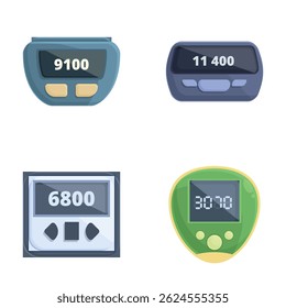 Collection of four various digital step counters with diverse design and interface