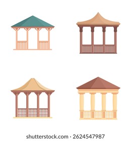 Collection of four variously styled cartoon gazebos with an isolated background