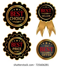 Collection four vector badges "Best choice", "Best offer", "Bestseller", "Best price". Vector illustration.
