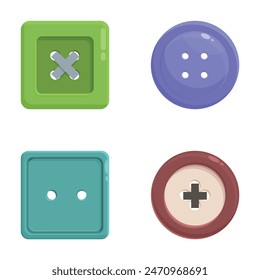 Collection of four vector buttons in flat design, featuring different colors and shapes