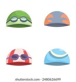 Collection of four vector cartoon pilot helmets with colorful designs on a white background