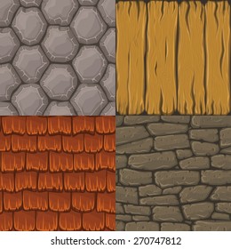 Collection of four vector cartoon seamless textures. Stones, roof tiles and wood planks.