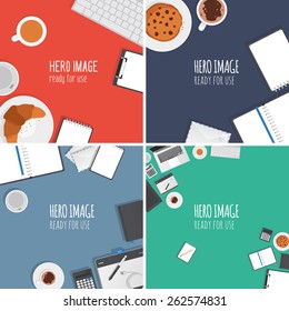 Collection of four vector editable banners - hero images made from stationery objects typical for graphic studio and office. Ready for use.