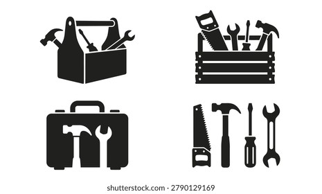 A collection of four vector icon designs featuring toolboxes, storage crates, and various construction tools like hammers, wrenches, screwdrivers, and saws.