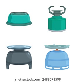 Colección de cuatro iconos vectoriales que representan varios tipos de estufas de camping portátiles en un estilo de diseño plano