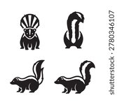 A collection of four vector icons featuring skunks in various poses, including front view, back view, and side profiles, isolated on a white background.