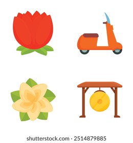 Colección de cuatro iconos vectoriales con un tulipán rojo, scooter naranja, flor de jazmín blanco y un gong tradicional