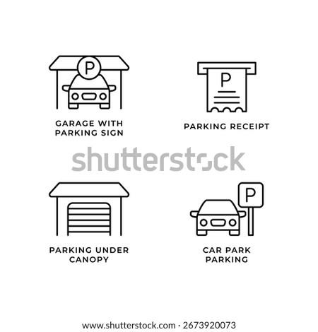 A collection of four vector icons in an outline style, representing various parking concepts including a garage with a parking sign, a parking receipt, a car under a canopy, and a car park.