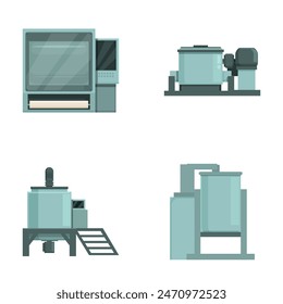 Collection of four vector icons representing different industrial machines