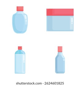 Collection of four vector icons representing different water bottles in cartoon style, isolated on white