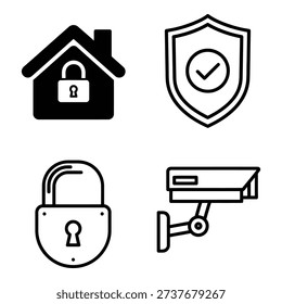 A collection of four vector icons representing home safety, including a house with a padlock, a shield with a checkmark, a large padlock, and a CCTV camera.