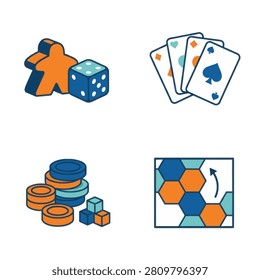A collection of four vector icons representing board games including a meeple with die playing cards stacks of chips and a hexagonal map grid