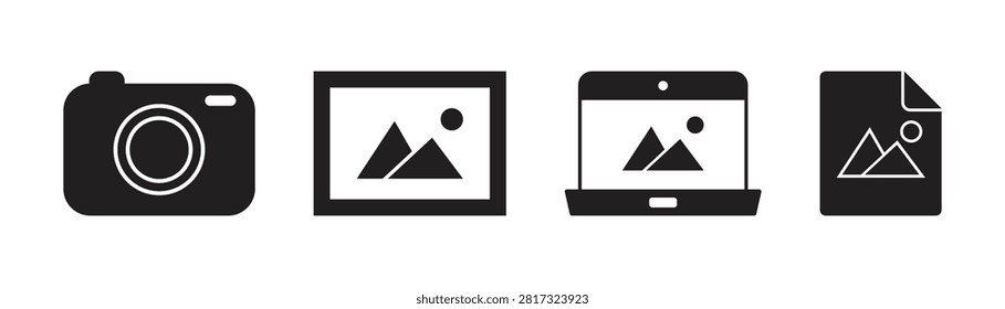 A collection of four vector icons representing photography and digital media, including a camera, a framed picture, a laptop screen, and an image file document.