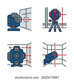 A collection of four vector icons representing various laser level tools used for precision measurements in construction and interior renovation projects.