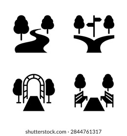 A collection of four vector icons representing park paths, garden walkways, nature trails, and public seating areas in a minimalist solid black design.