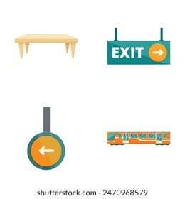 Colección de cuatro iconos vectoriales que muestran una tabla, signo de salida, flecha y tranvía