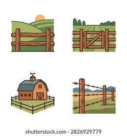 A collection of four vector icons showing wooden fences, a field gate, a farm barn, and a barbed wire fence in a stylized cartoon aesthetic.
