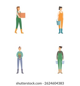 Collection of four vector illustrations of cartoon gardeners holding tools and plants
