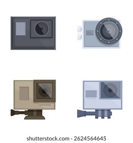 Collection of four vector illustrations depicting classic and contemporary cameras and computer imaging devices