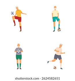 Collection of four vector illustrations depicting an elderly man playing soccer in various poses
