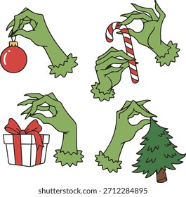 Eine Sammlung von vier Vektorgrafiken, die eine grüne, pelzige Grinch-ähnliche Hand darstellen, die verschiedene Weihnachtsartikel kneift, darunter ein rotes Ornament, einen Zuckerrohr, eine Geschenkbox und einen kleinen Baum.