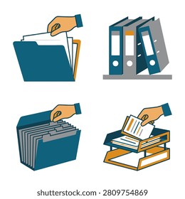 A collection of four vector illustrations depicting office document management including filing papers in folders binders and desktop trays