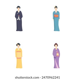 Collection of four vector illustrations featuring women in colorful kimonos, representing japanese culture