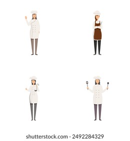 Collection of four vector illustrations featuring a female chef in different professional stances