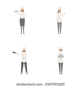 Collection of four vector illustrations featuring cartoon female chefs in different poses and with cooking utensils