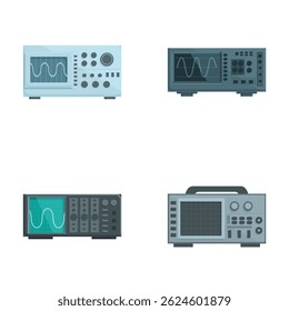 Collection of four vector illustrations featuring various styles of digital oscilloscopes