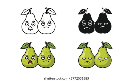 A collection of four vector illustrations featuring pear characters expressing various emotions like surprise, sadness, and disapproval. This versatile graphic is ideal for educational materials, food branding, or humorous content.
