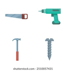 Coleção de quatro ilustrações vetoriais, serra manual, broca, martelo e parafuso
