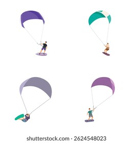 Collection of four vector illustrations of people paragliding, isolated on white background