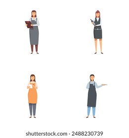 Collection of four vector illustrations showcasing waitresses in different uniforms with welcoming gestures